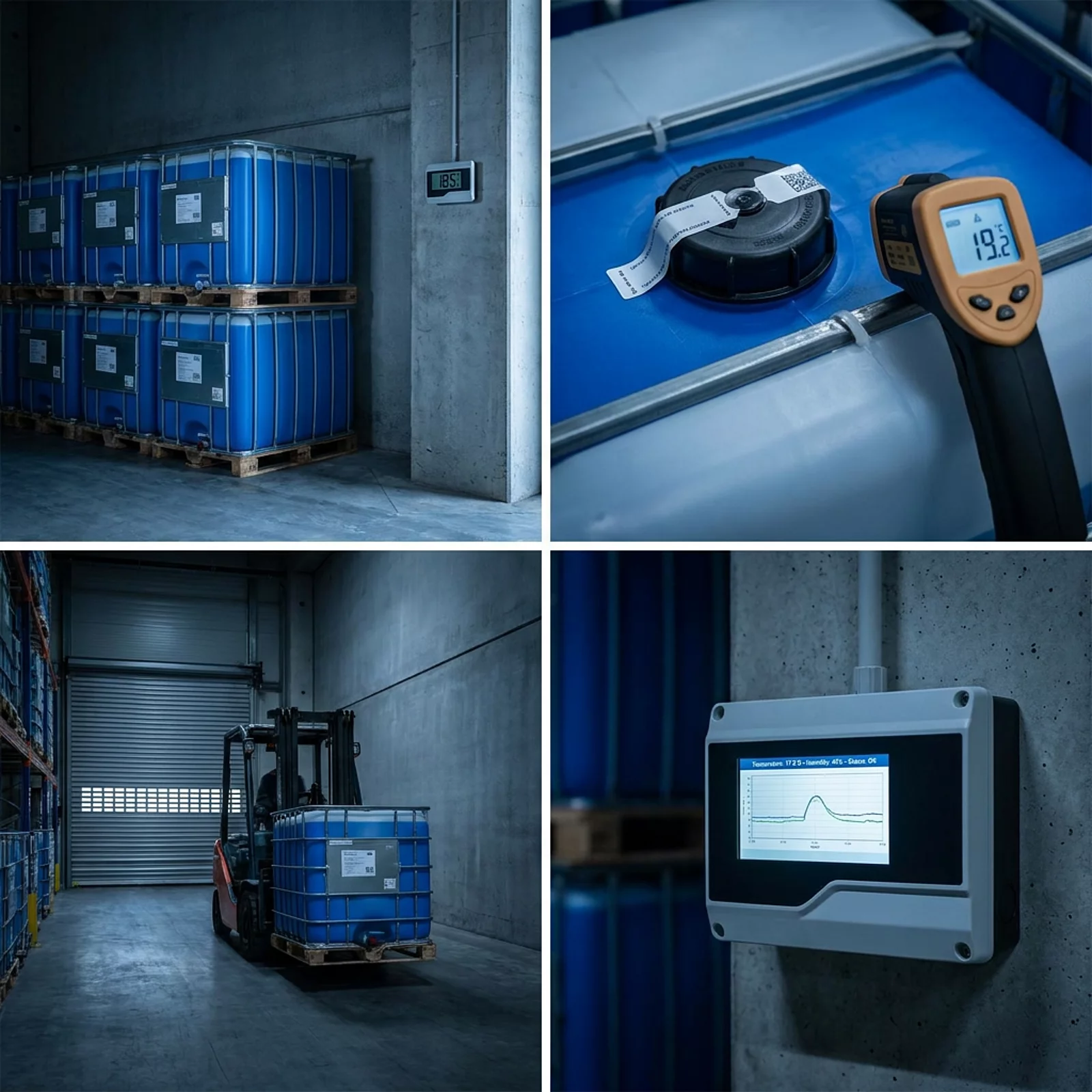 Innenlager mit versiegelten AdBlue-IBC-Containern und sichtbarem Temperaturindikator an der Wand