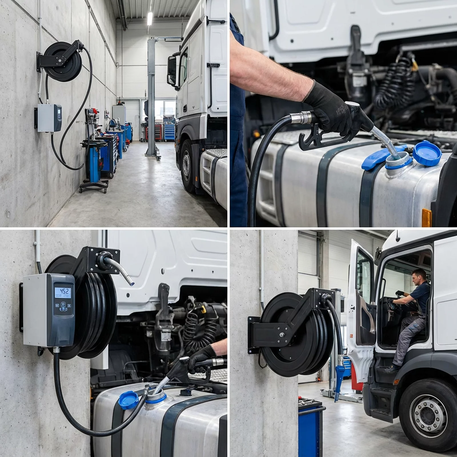 Wandmontierte AdBlue-Zapfanlage mit Schlauchaufroller in Werkstatt, LKW daneben