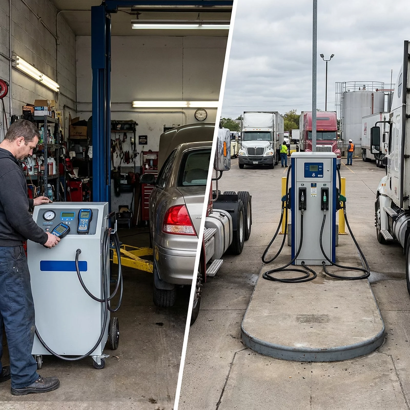 Geteiltes Bild: kleine Autowerkstatt mit mobiler AdBlue-Anlage und großer Lkw-Depot-Spenderanlage