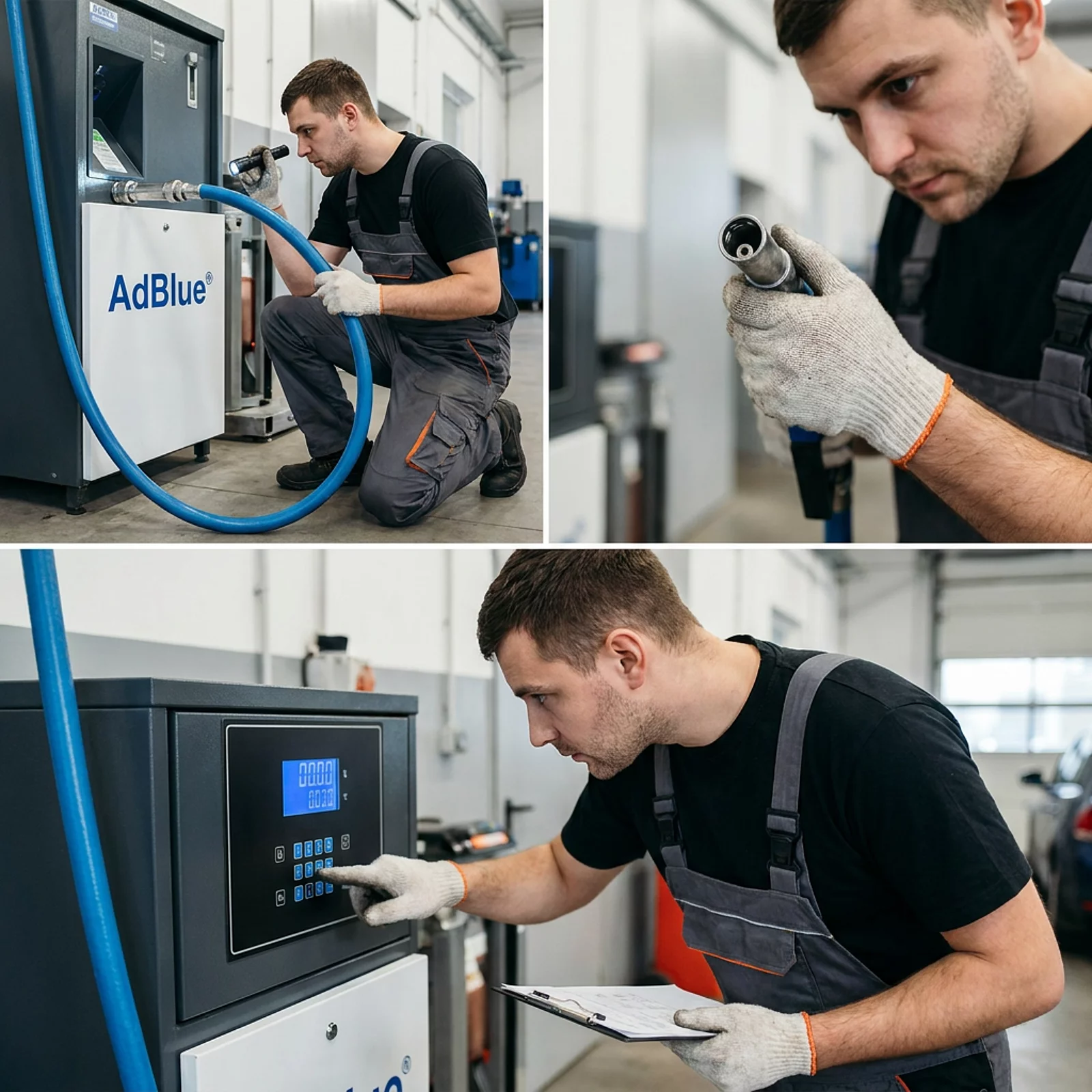 Techniker prüft AdBlue-Abgabeeinheit: Schlauchanschluss, Düse und Anzeige vor der Inbetriebnahme