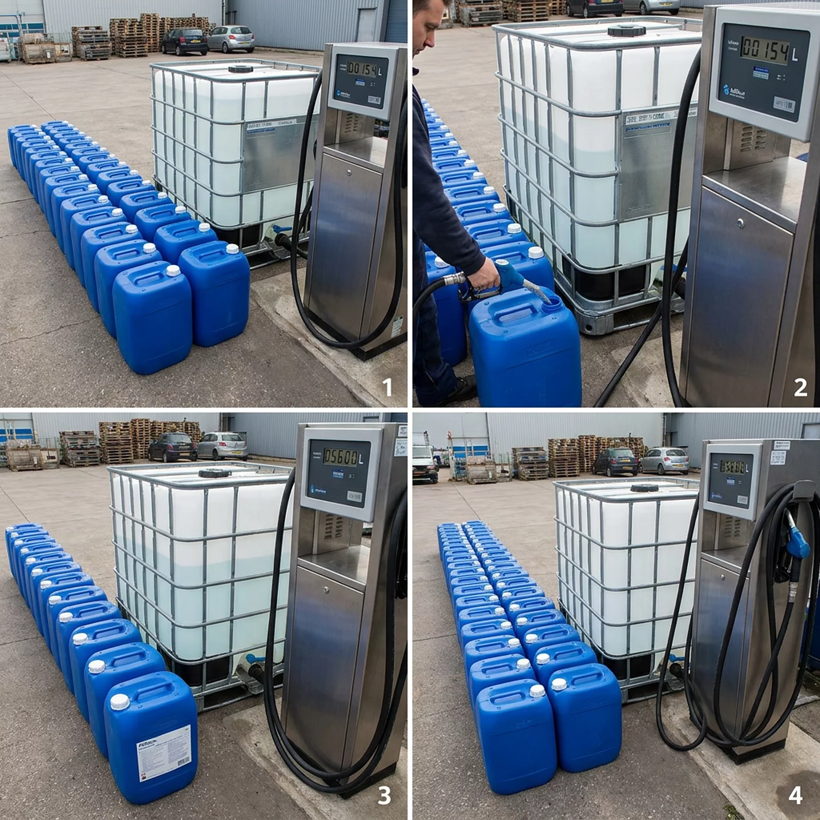 Reihe leerer AdBlue-Einwegkanister neben großem IBC-Behälter und professioneller Zapfanlage
