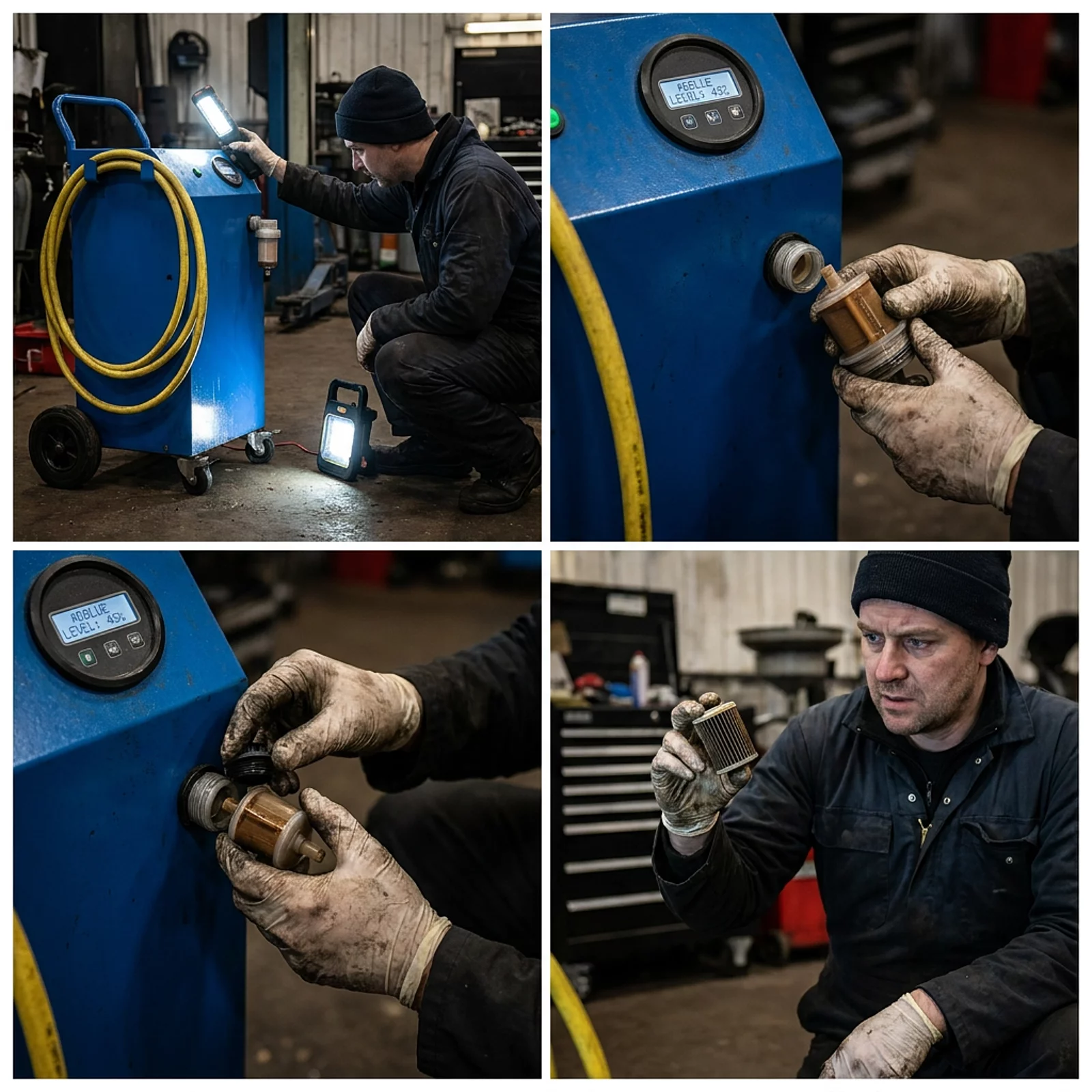 Mechaniker kniet neben einer AdBlue-Zapfanlage und prüft einen Inline-Filter im Werkstattlicht