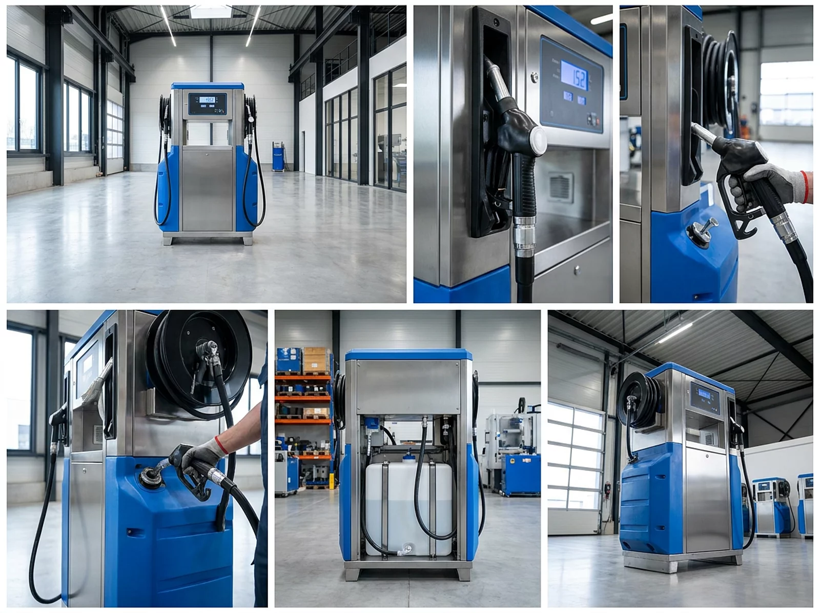 Professionelle AdBlue-Tankanlage in sauberem Industrie-Showroom mit Werkstattbeleuchtung