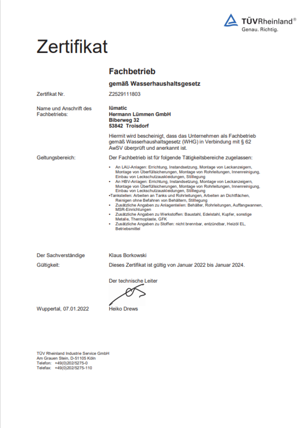 Zertifikat für Lümatic: Fachbetrieb gemäß Wasserhaushaltsgesetz