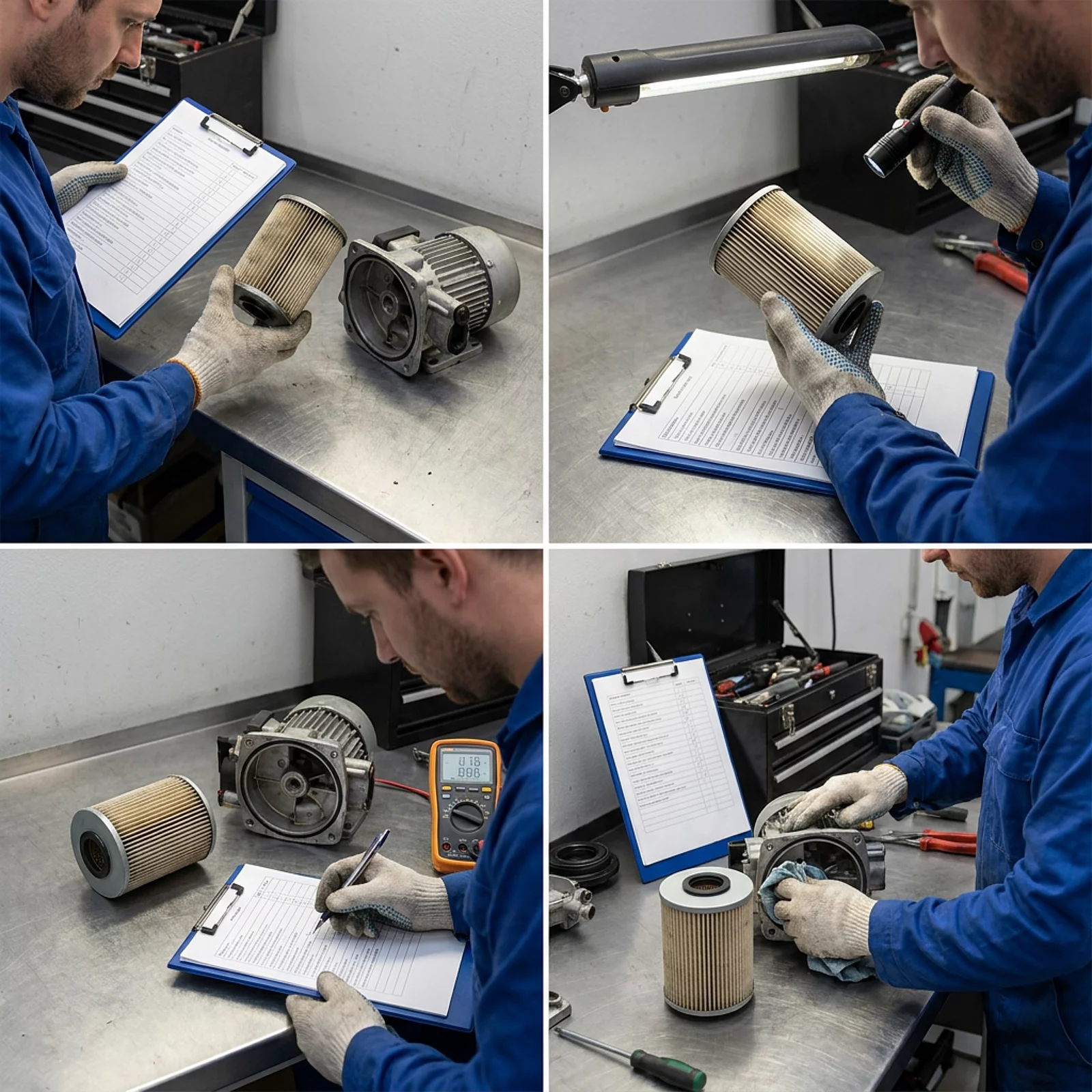 Techniker prüft mit Checkliste auf dem Steckbrett einen entfernten Filter am AdBlue-Pumpenmodul
