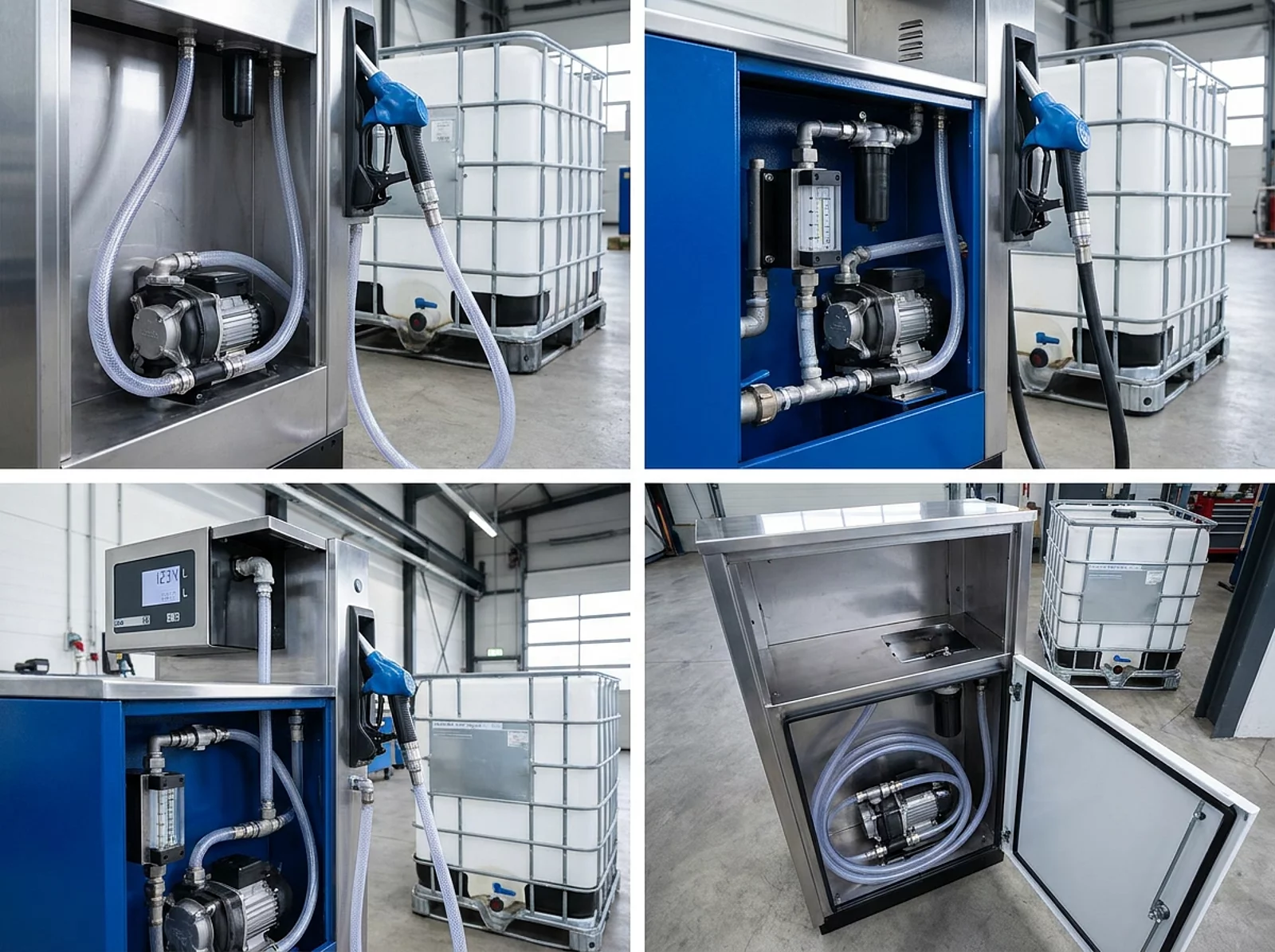 Schnittansicht einer AdBlue-Zapfeinheit mit Pumpe, Schlauch und Düse sowie IBC-Behälter im Hintergrund
