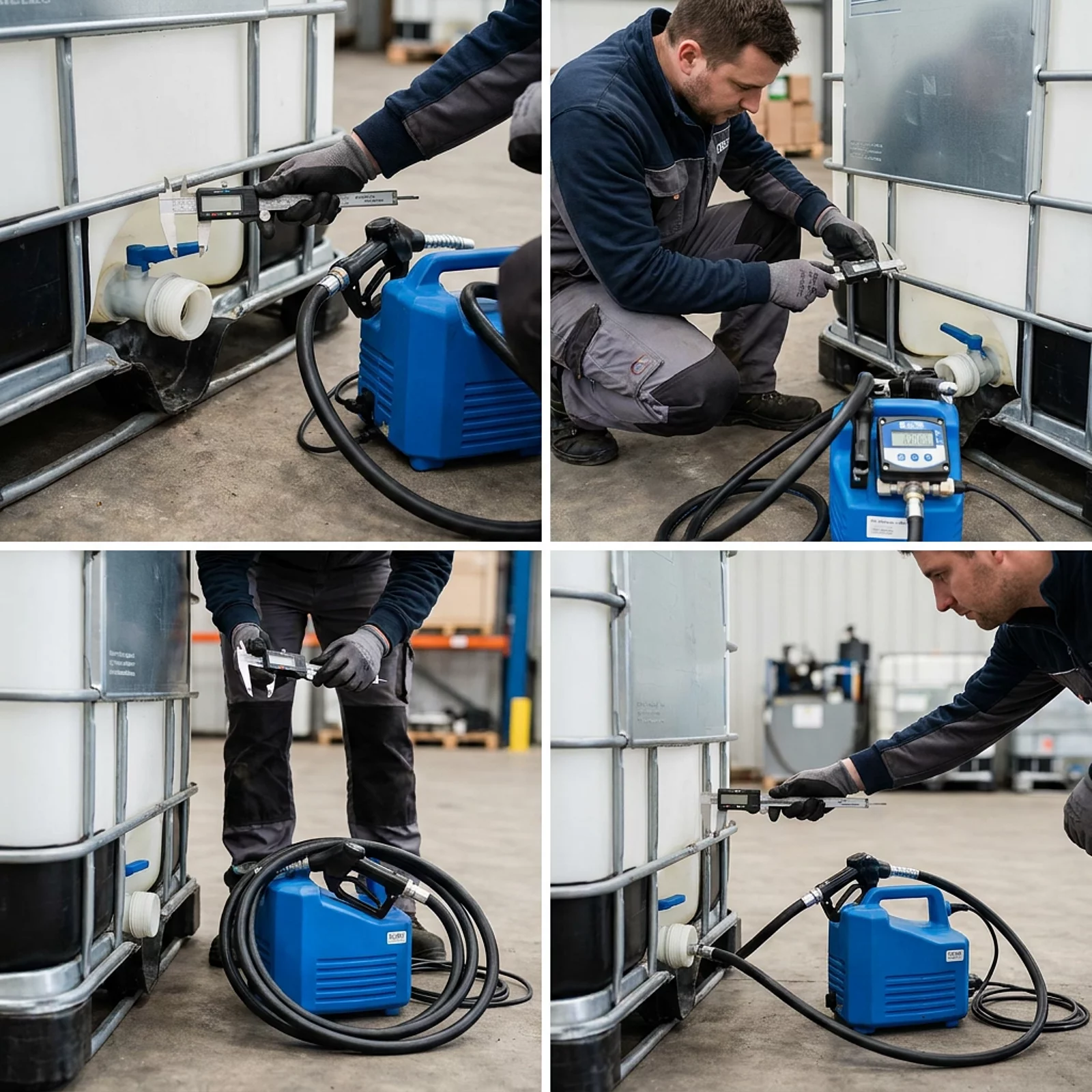 Techniker misst mit Messschieber den Einlass-Durchmesser eines IBC-Containers neben AdBlue-Pumpe und Schlauchset
