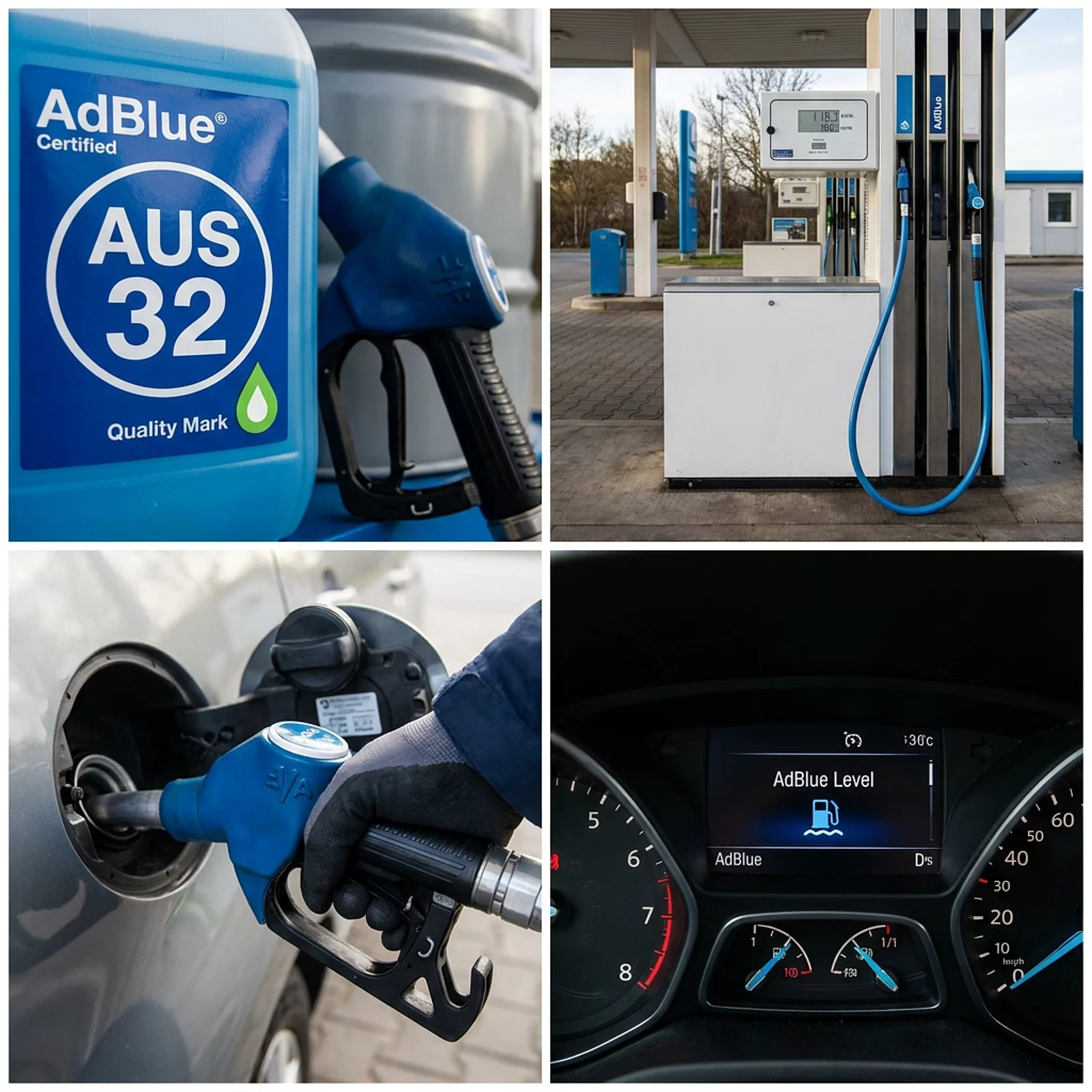 Close-up Label mit AUS 32 Qualitätsmarke an AdBlue-Container, blaue Düse am Drum
