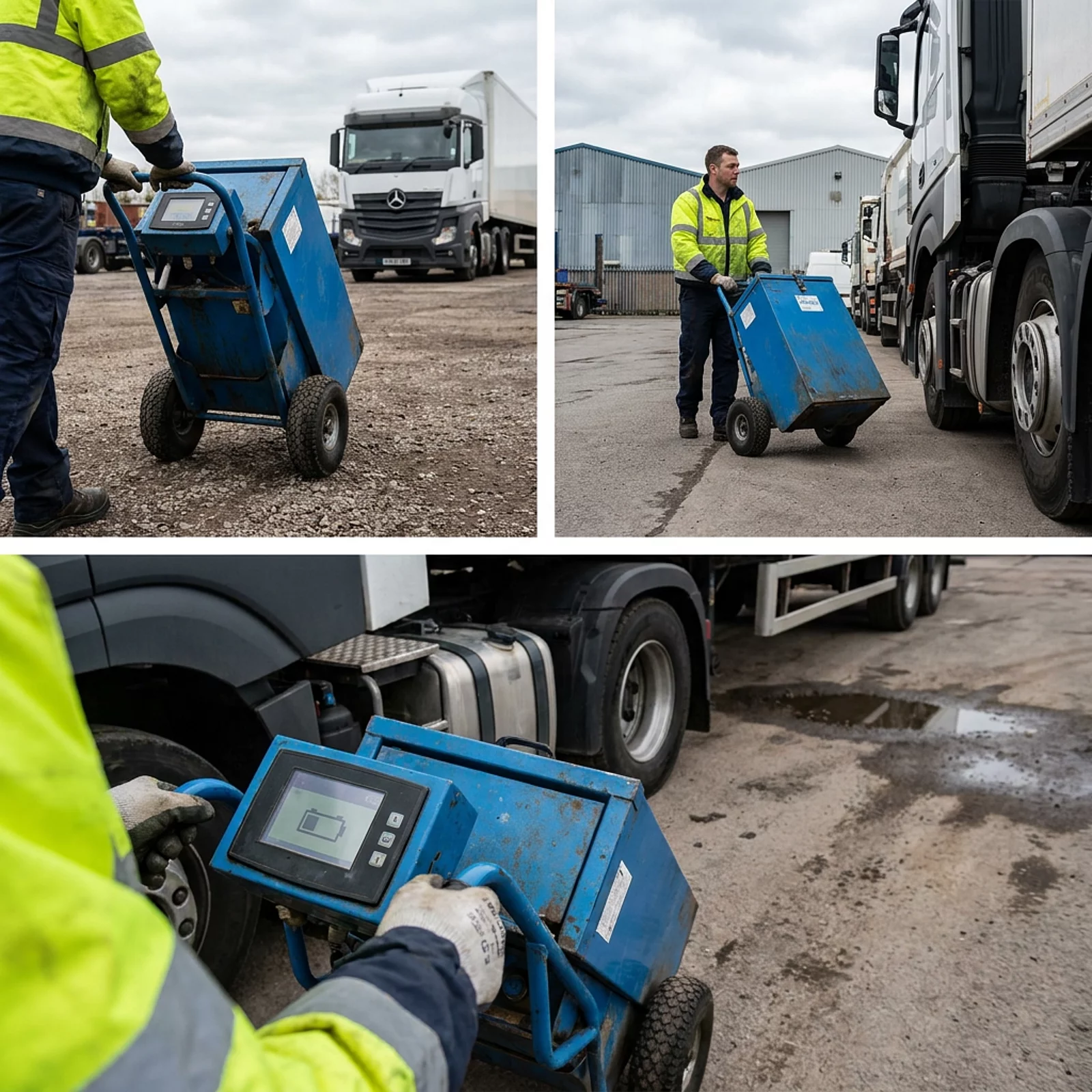 Techniker rollt AdBlue-Automat mit Batteriebetrieb über den Außenhof zu wartendem Lkw