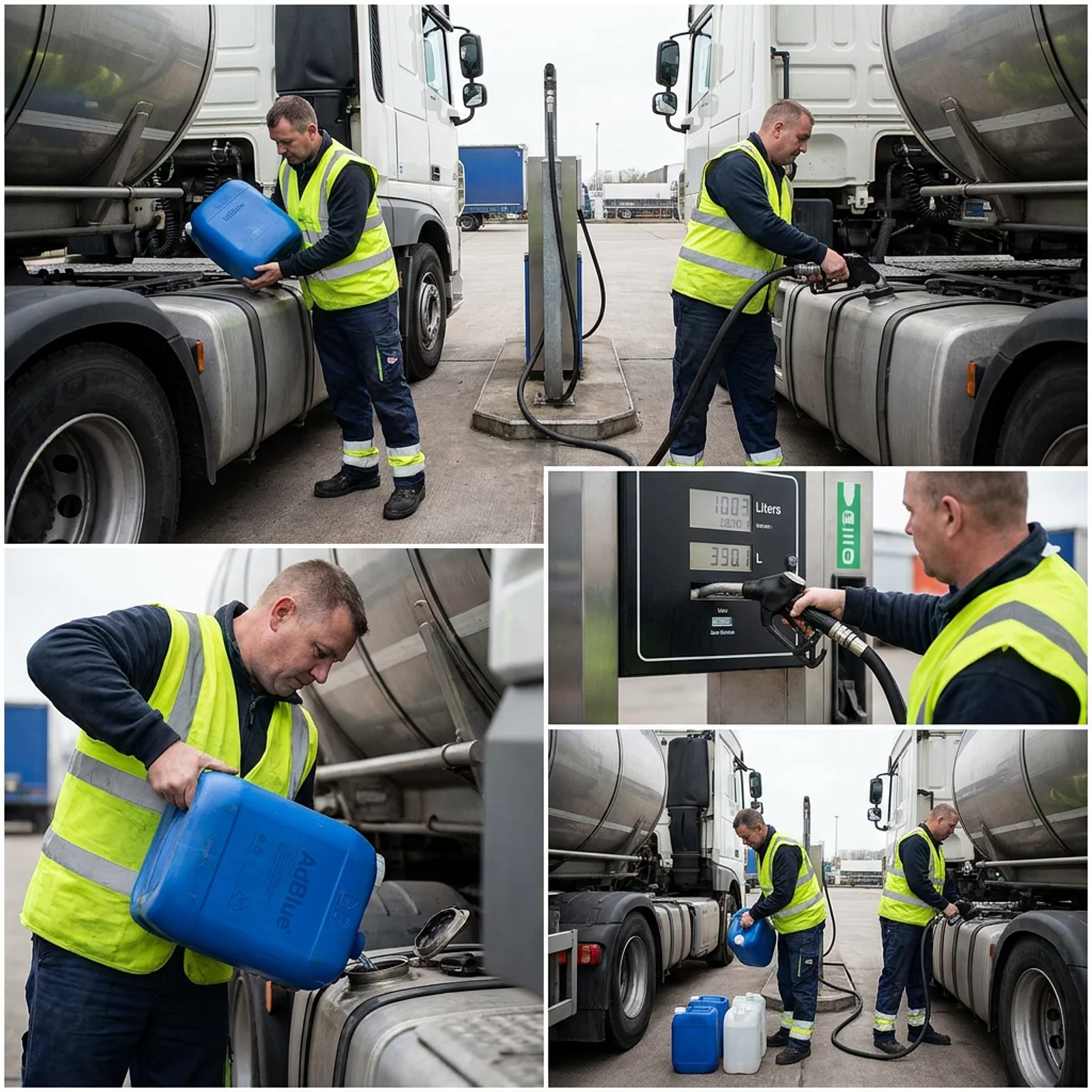 Arbeiter füllt AdBlue in Lkw-Tanks: manuell aus Kanistern und per automatischer Zapfpistole