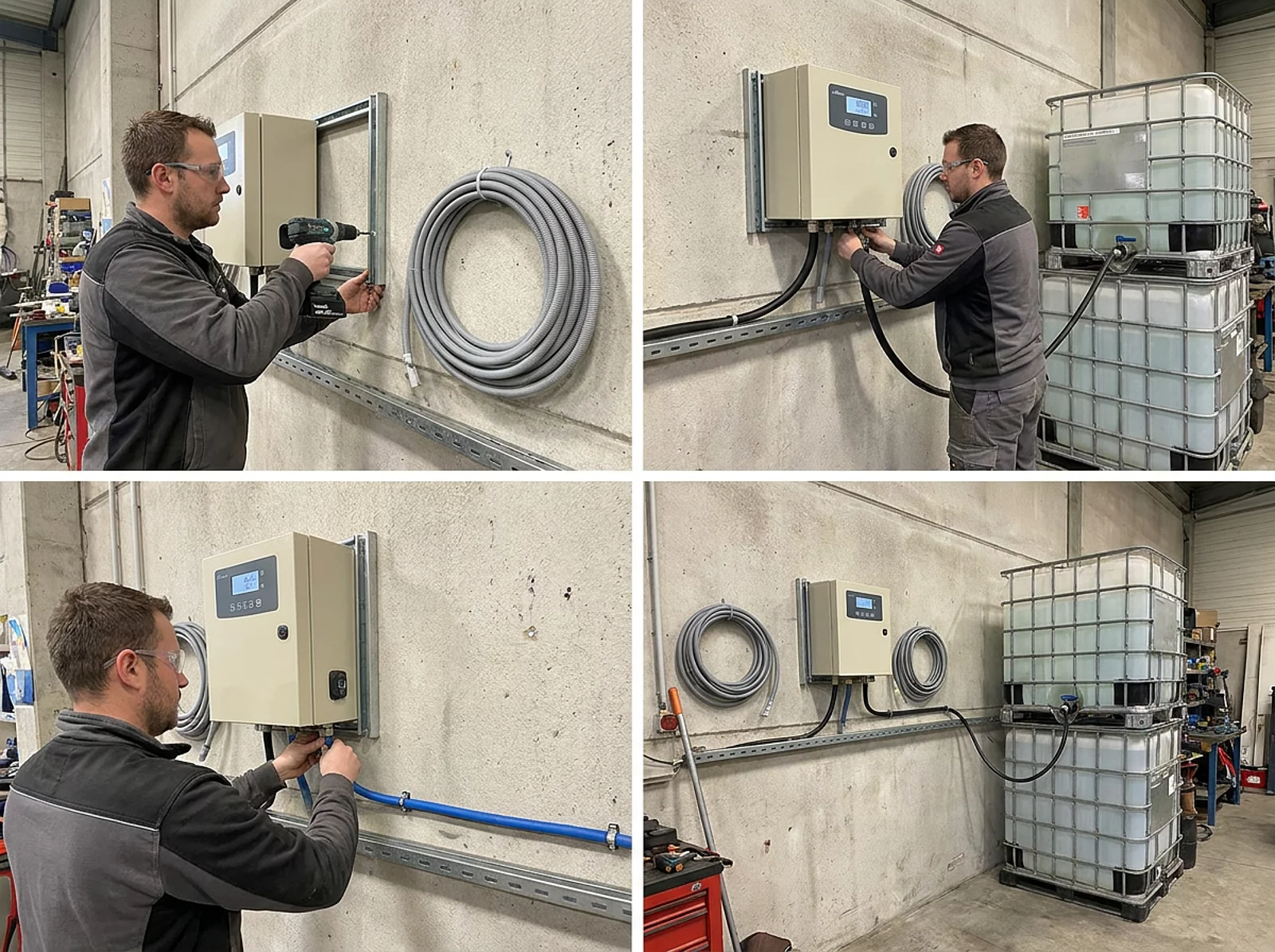 Techniker montiert AdBlue-Pumpe an der Werkstattwand, Kabel und Schlauch zum IBC-Kontainer verlegt